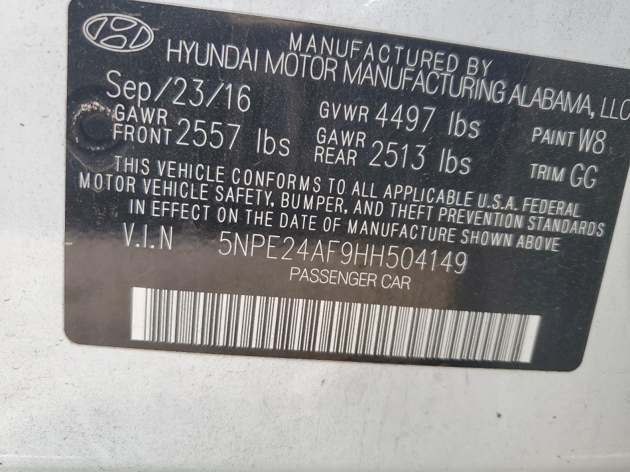 2017 Hyundai Sonata Se VIN: 5NPE24AF9HH504149 Lot: 58130534