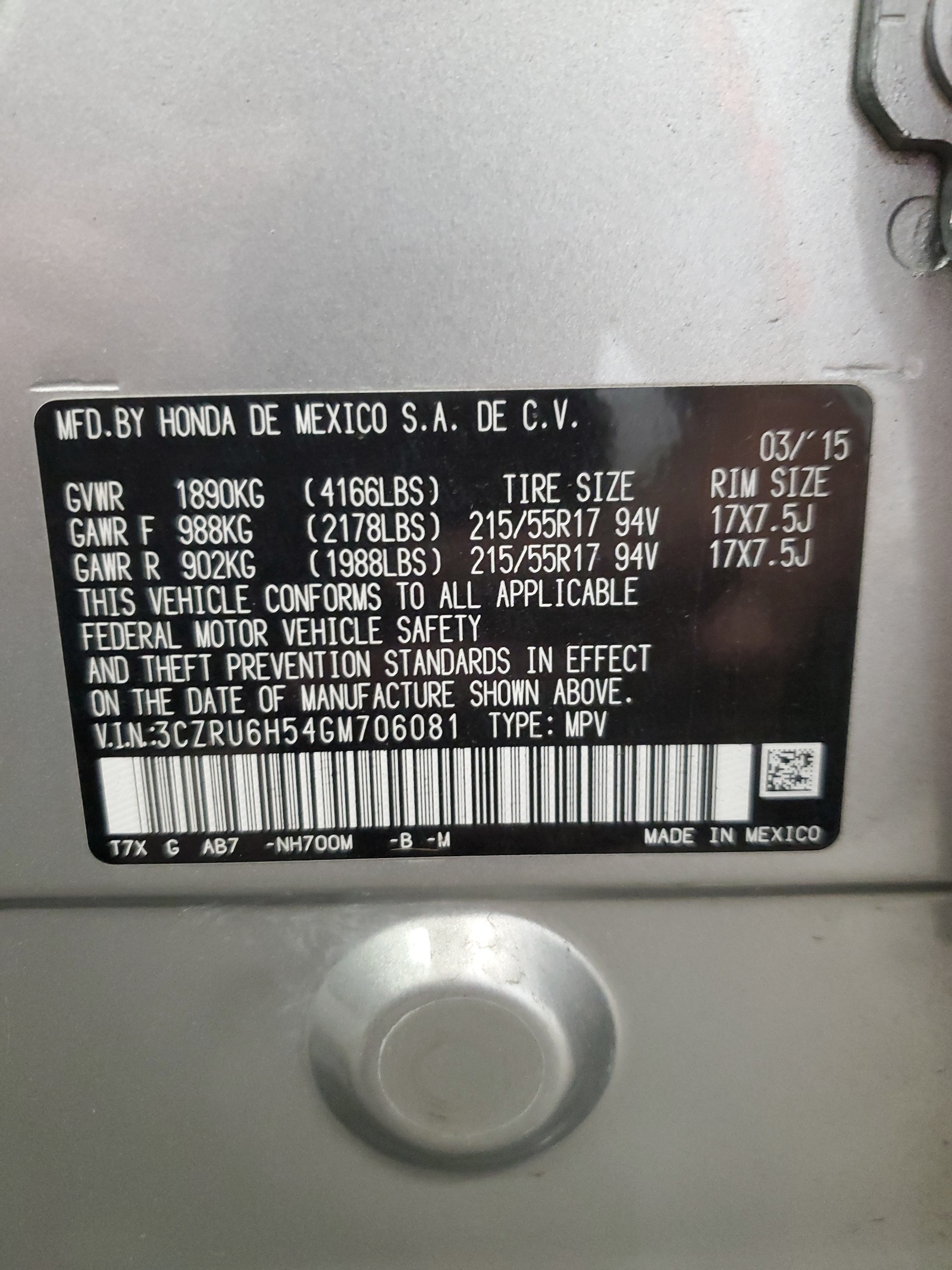 3CZRU6H54GM706081 2016 Honda Hr-V Ex