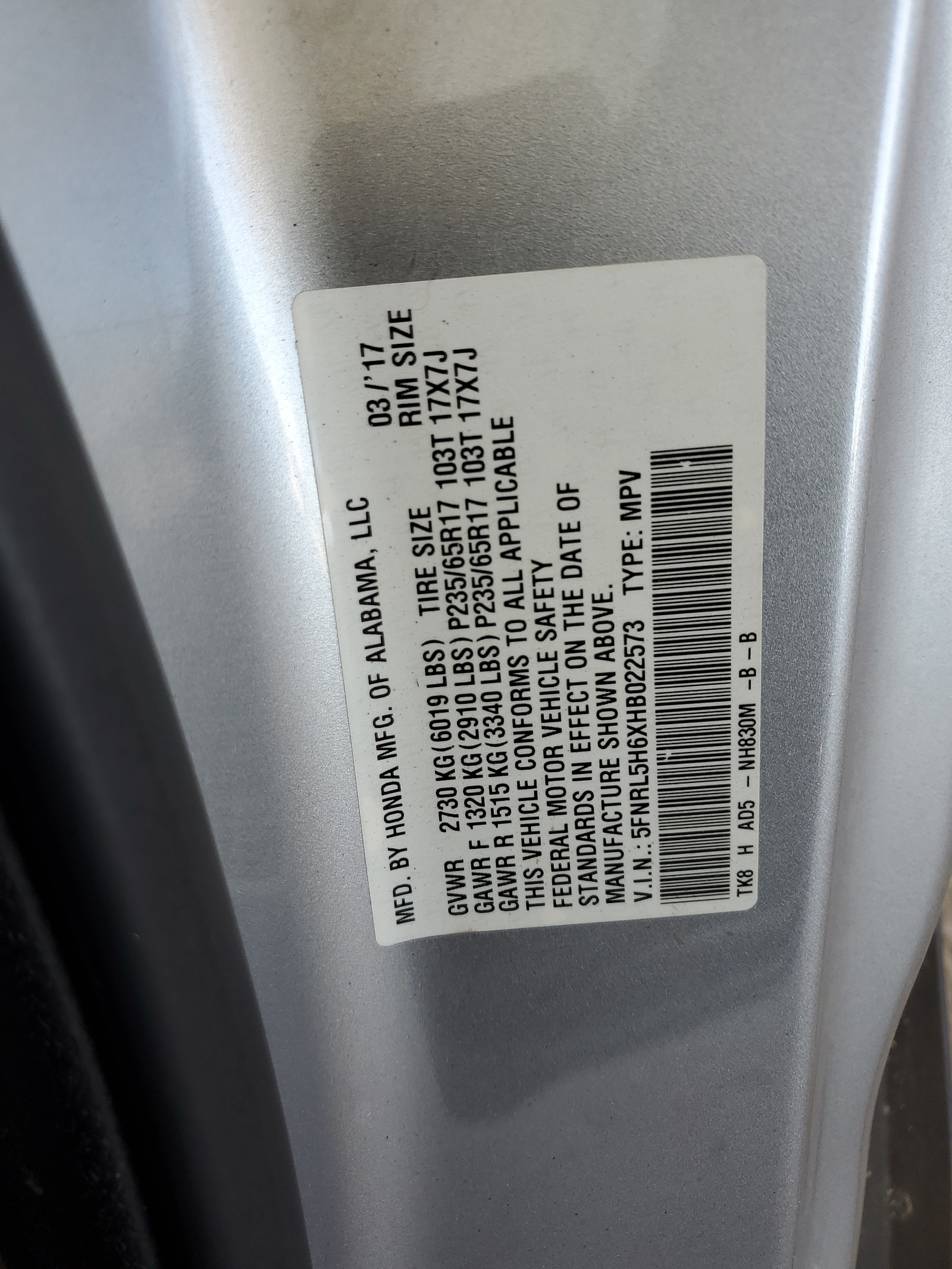 2017 Honda Odyssey Exl vin: 5FNRL5H6XHB022573