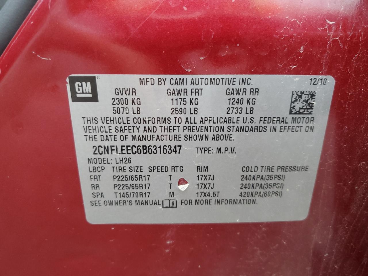 2011 Chevrolet Equinox Lt VIN: 2CNFLEEC6B6316347 Lot: 60035474