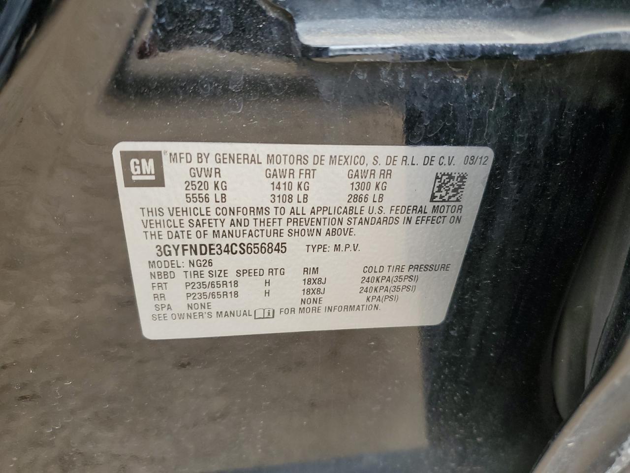 2012 Cadillac Srx Luxury Collection VIN: 3GYFNDE34CS656845 Lot: 60647404