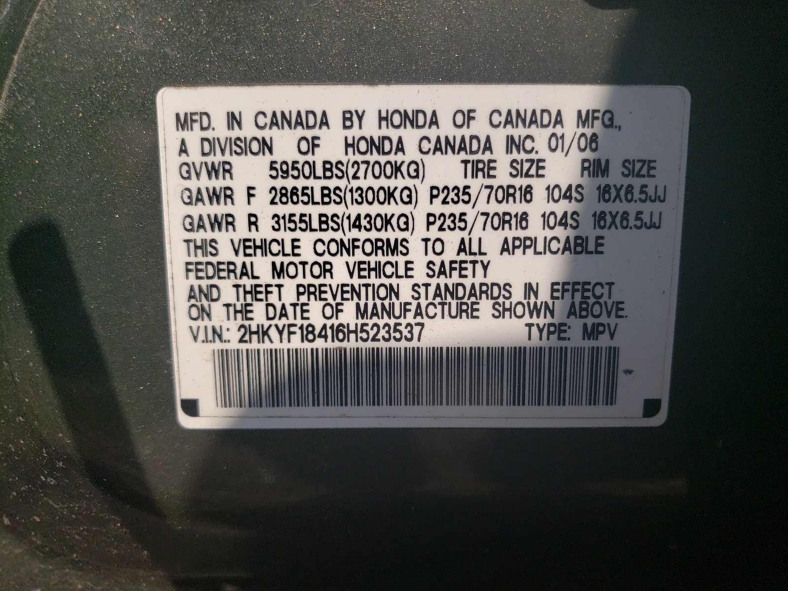 2HKYF18416H523537 2006 Honda Pilot Ex