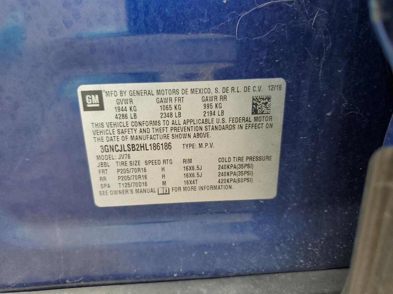 2017 Chevrolet Trax 1Lt VIN: 3GNCJLSB2HL186186 Lot: 58361664