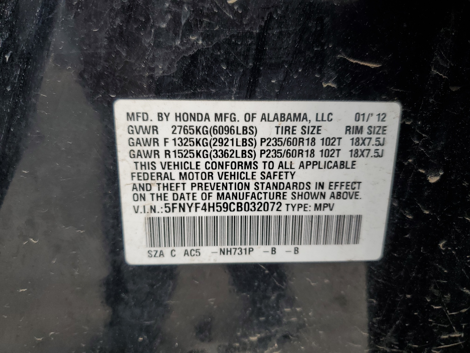 5FNYF4H59CB032072 2012 Honda Pilot Exl