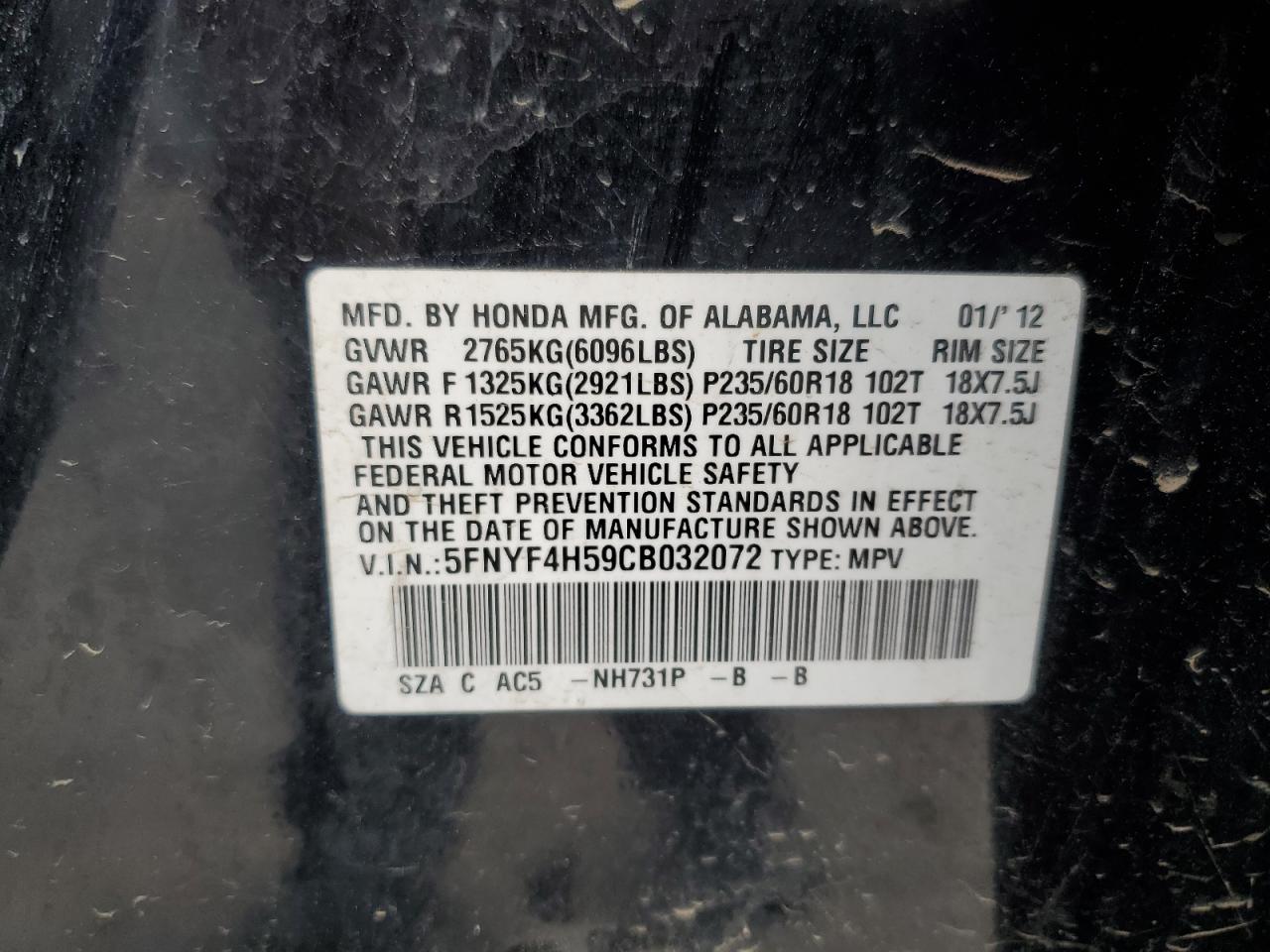 2012 Honda Pilot Exl VIN: 5FNYF4H59CB032072 Lot: 59985824