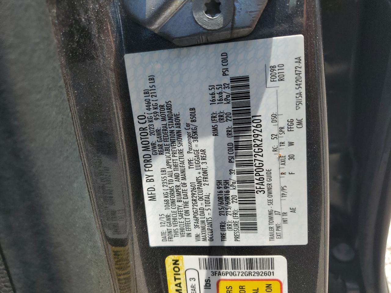 2016 Ford Fusion S VIN: 3FA6P0G72GR292601 Lot: 59980904