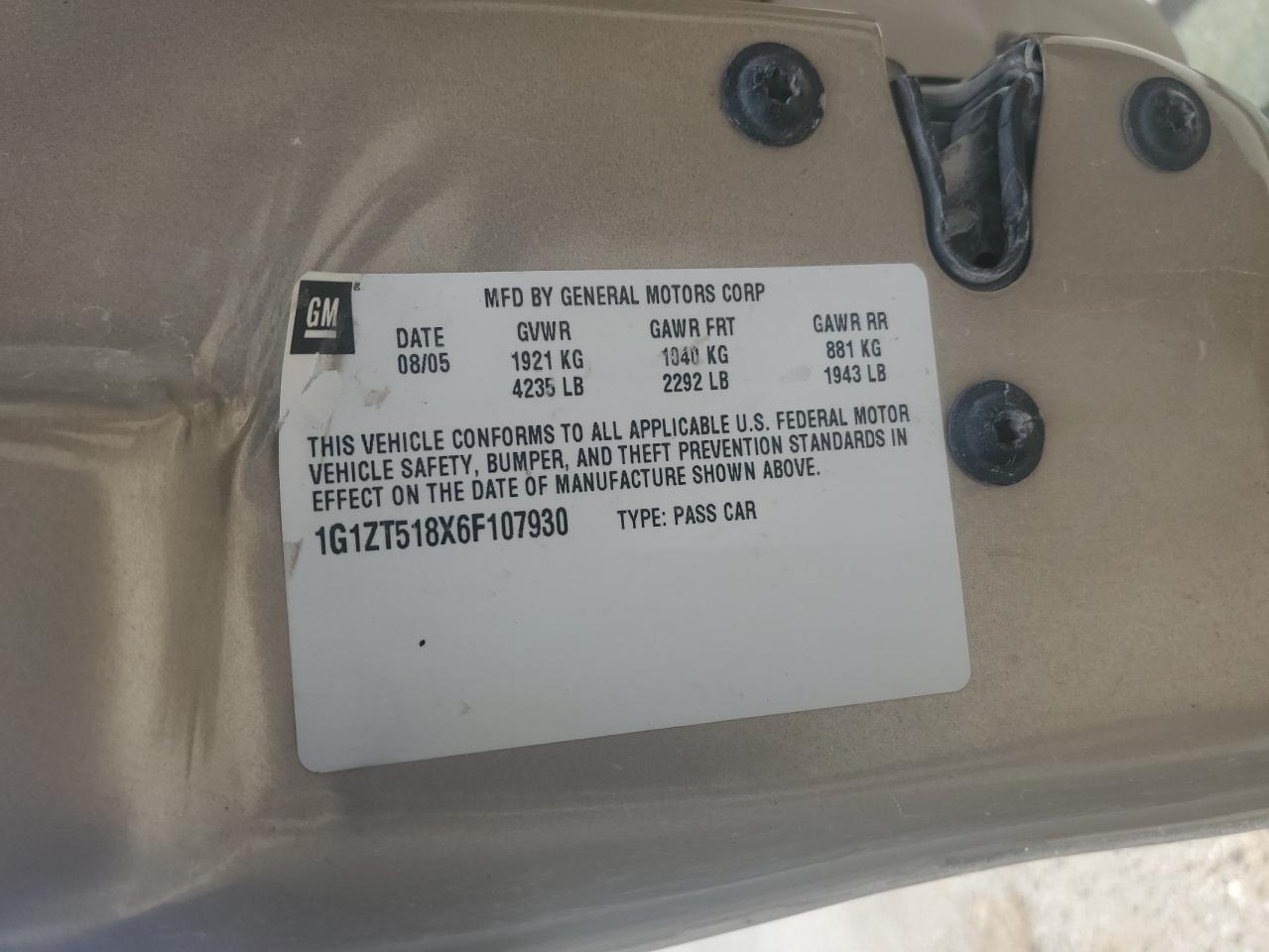 2006 Chevrolet Malibu Lt VIN: 1G1ZT518X6F107930 Lot: 60045574