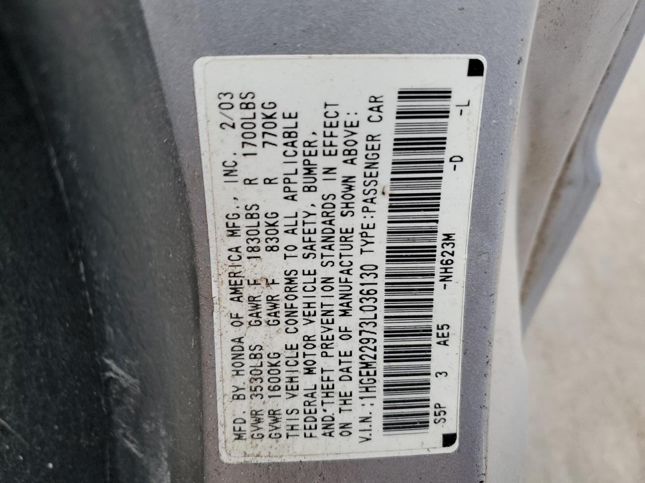 2003 Honda Civic Ex VIN: 1HGEM22973L036130 Lot: 57260004