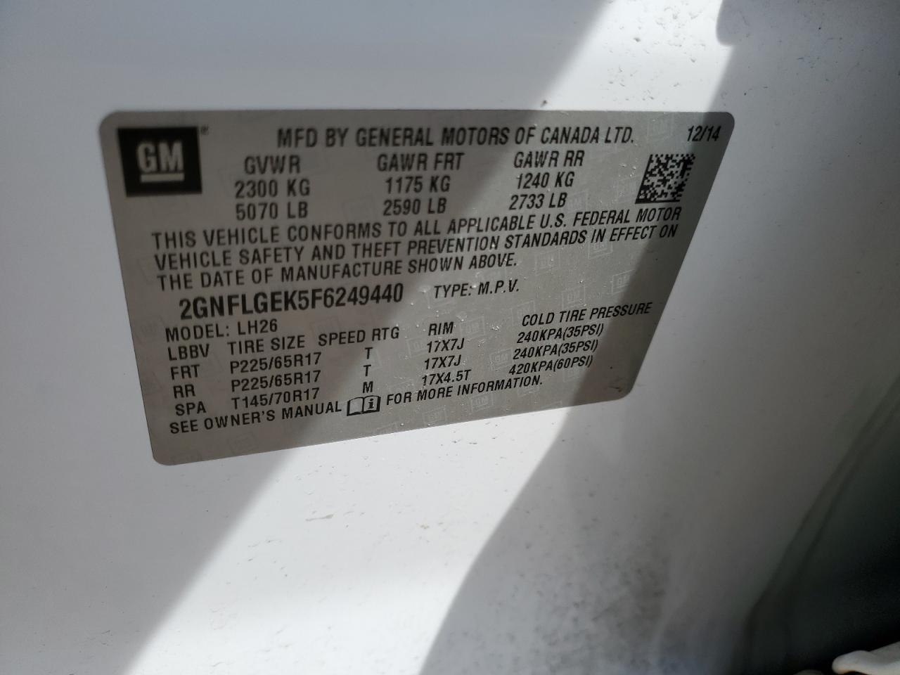 2015 Chevrolet Equinox Lt VIN: 2GNFLGEK5F6249440 Lot: 56937594