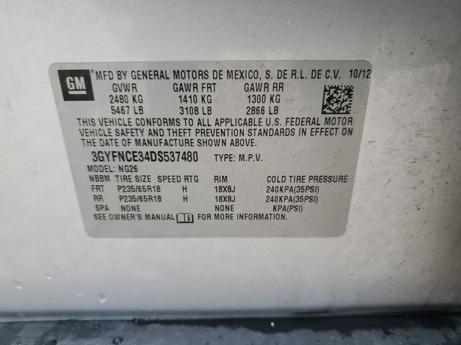 3GYFNCE34DS537480 2013 Cadillac Srx Luxury Collection