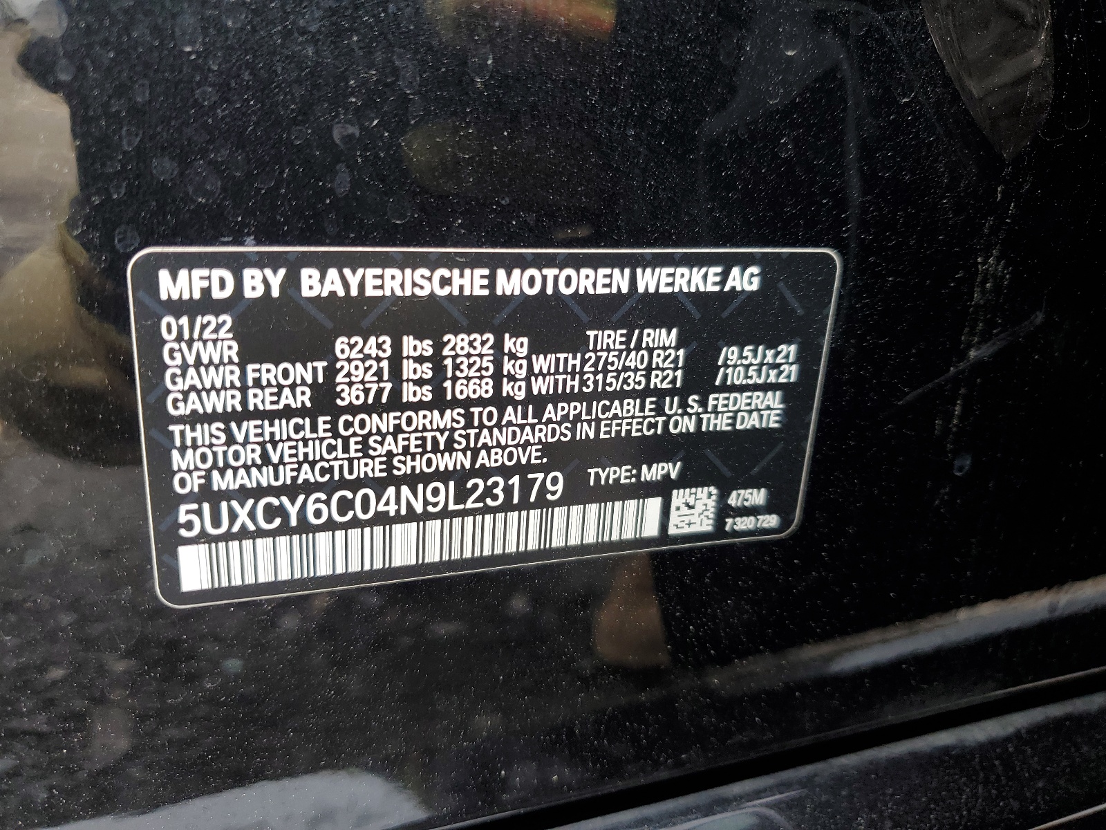 5UXCY6C04N9L23179 2022 BMW X6 xDrive40I