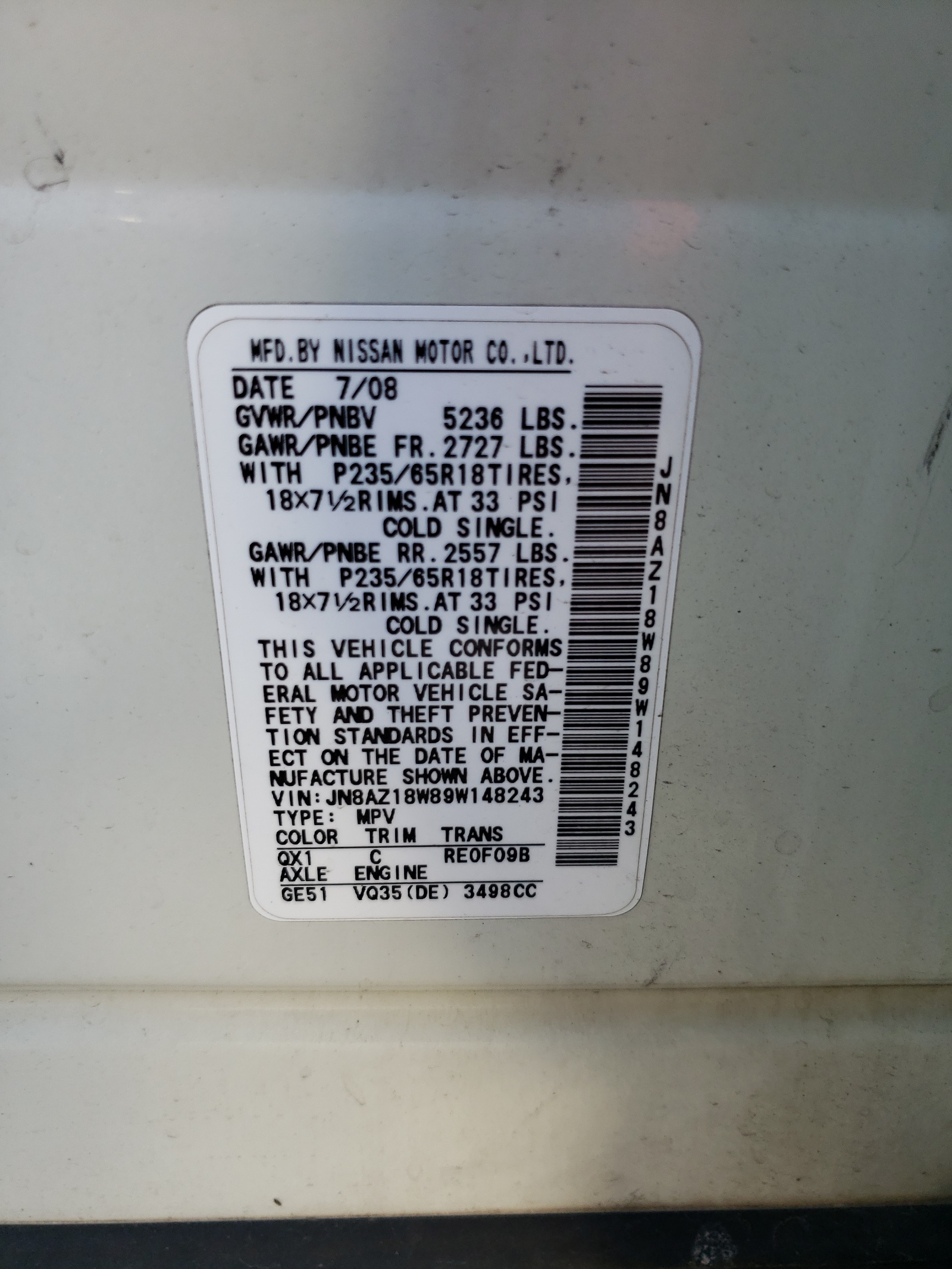 JN8AZ18W89W148243 2009 Nissan Murano S