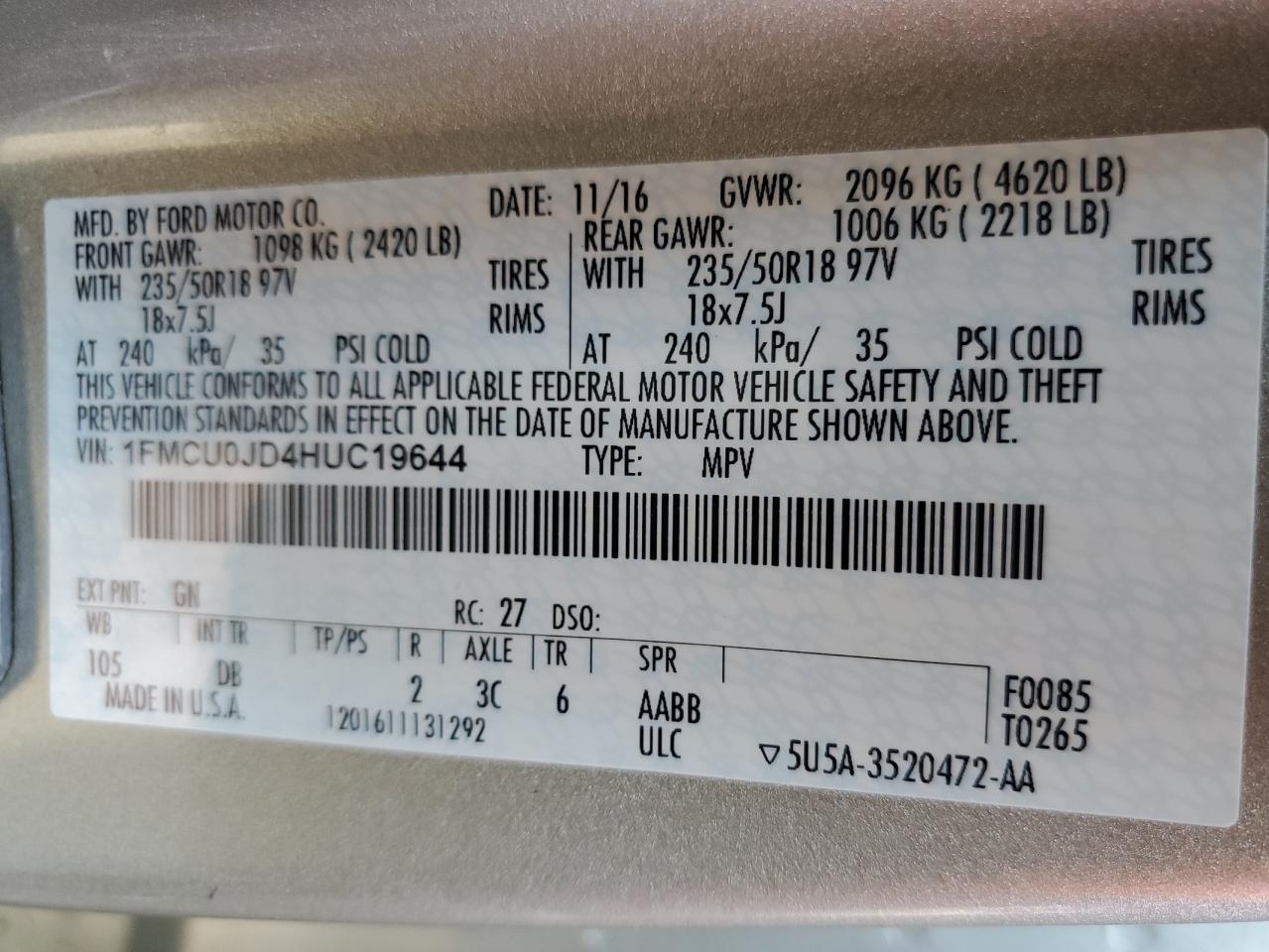 2017 Ford Escape Titanium VIN: 1FMCU0JD4HUC19644 Lot: 59528154