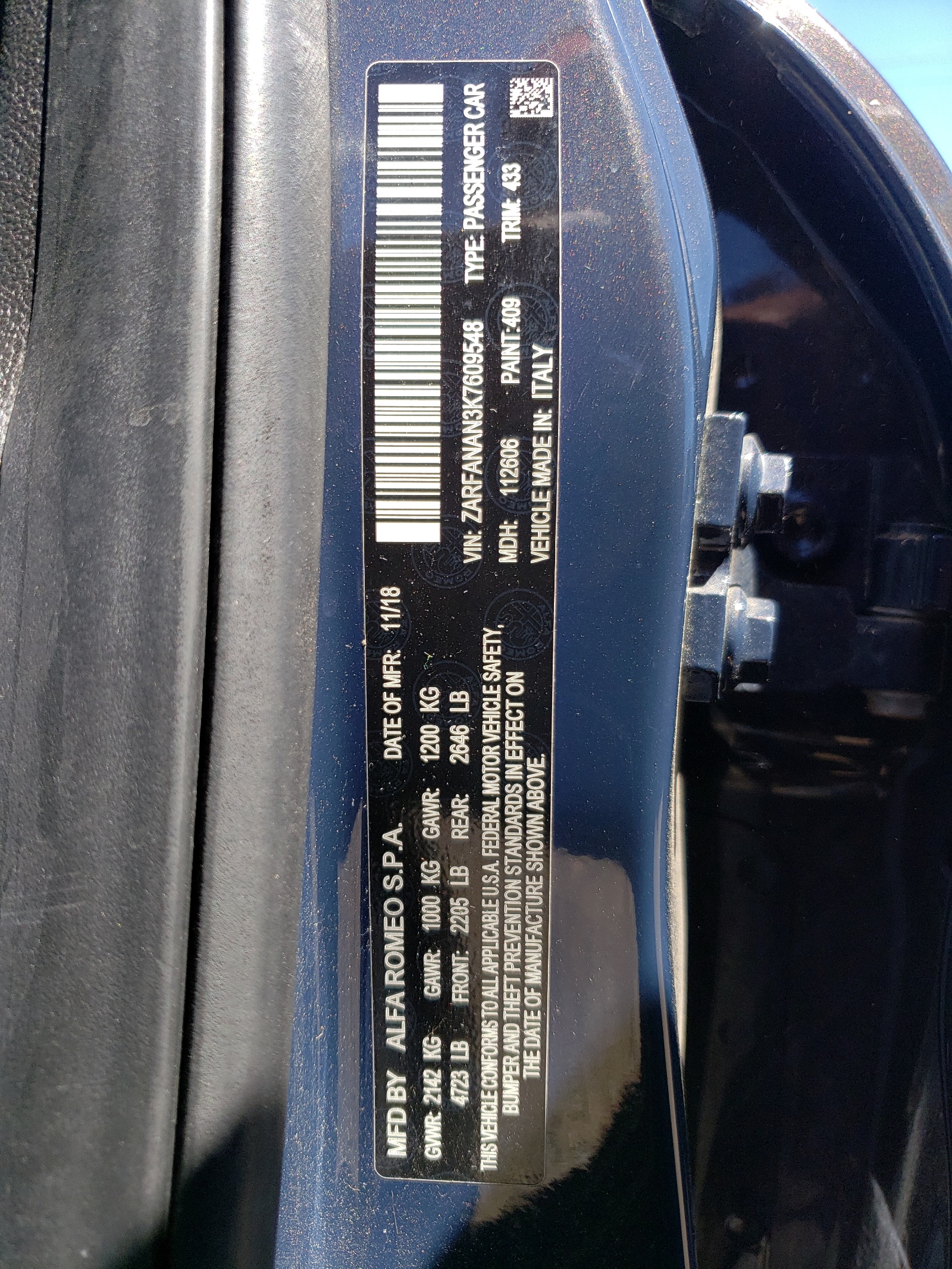 ZARFANAN3K7609548 2019 Alfa Romeo Giulia