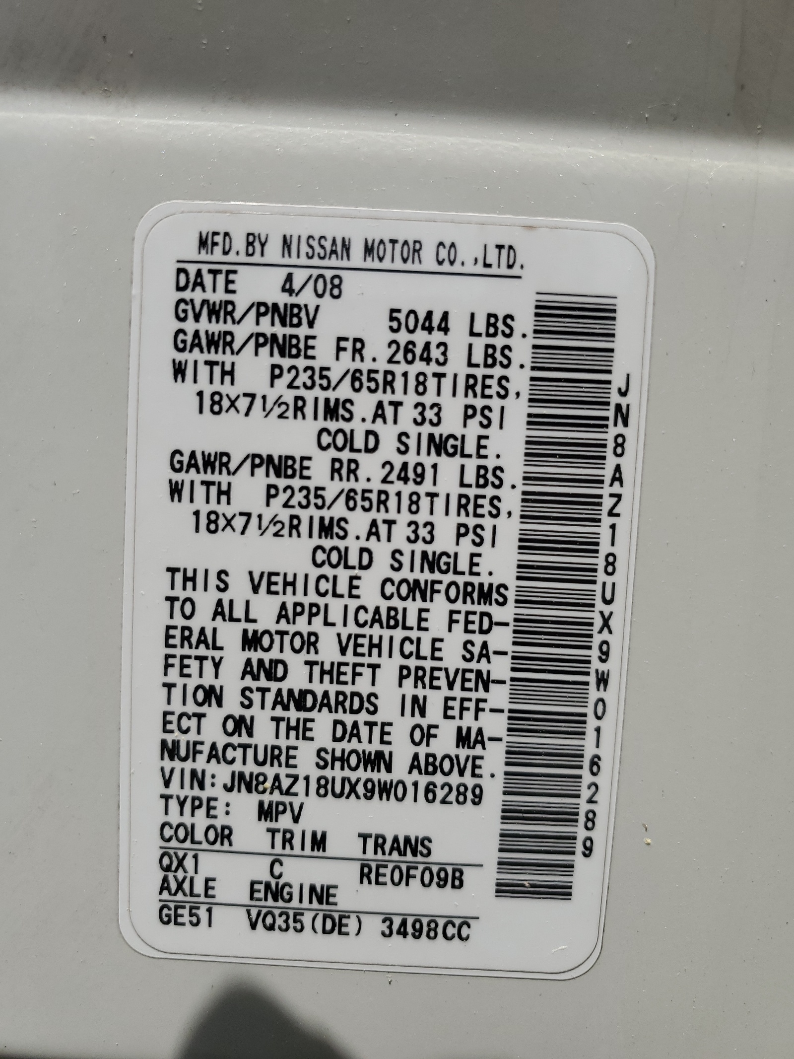 JN8AZ18UX9W016289 2009 Nissan Murano S