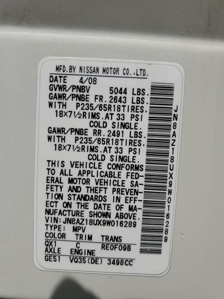 2009 Nissan Murano S VIN: JN8AZ18UX9W016289 Lot: 59922944