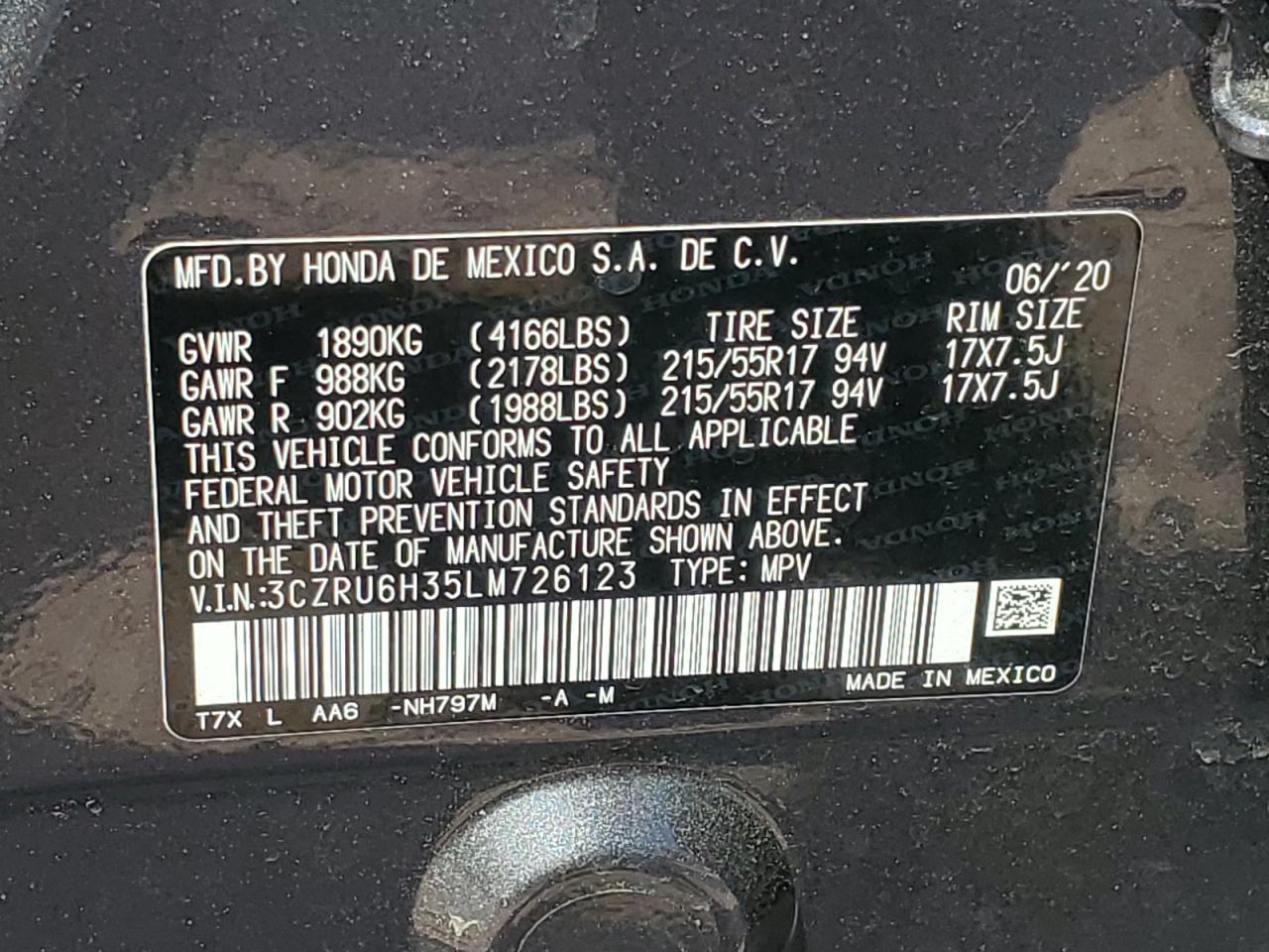 2020 Honda Hr-V Lx VIN: 3CZRU6H35LM726123 Lot: 59690564