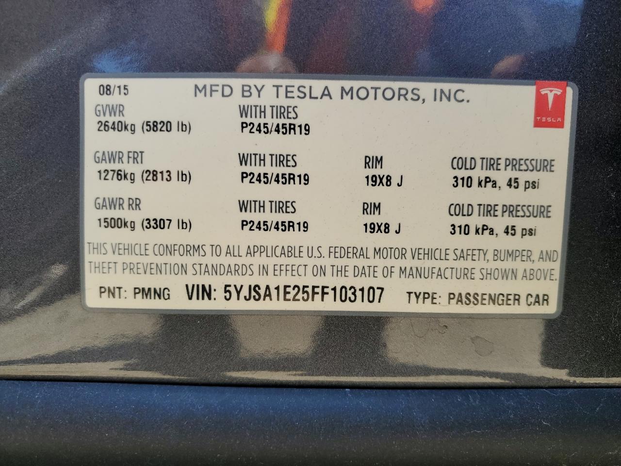 2015 Tesla Model S VIN: 5YJSA1E25FF103107 Lot: 60027274