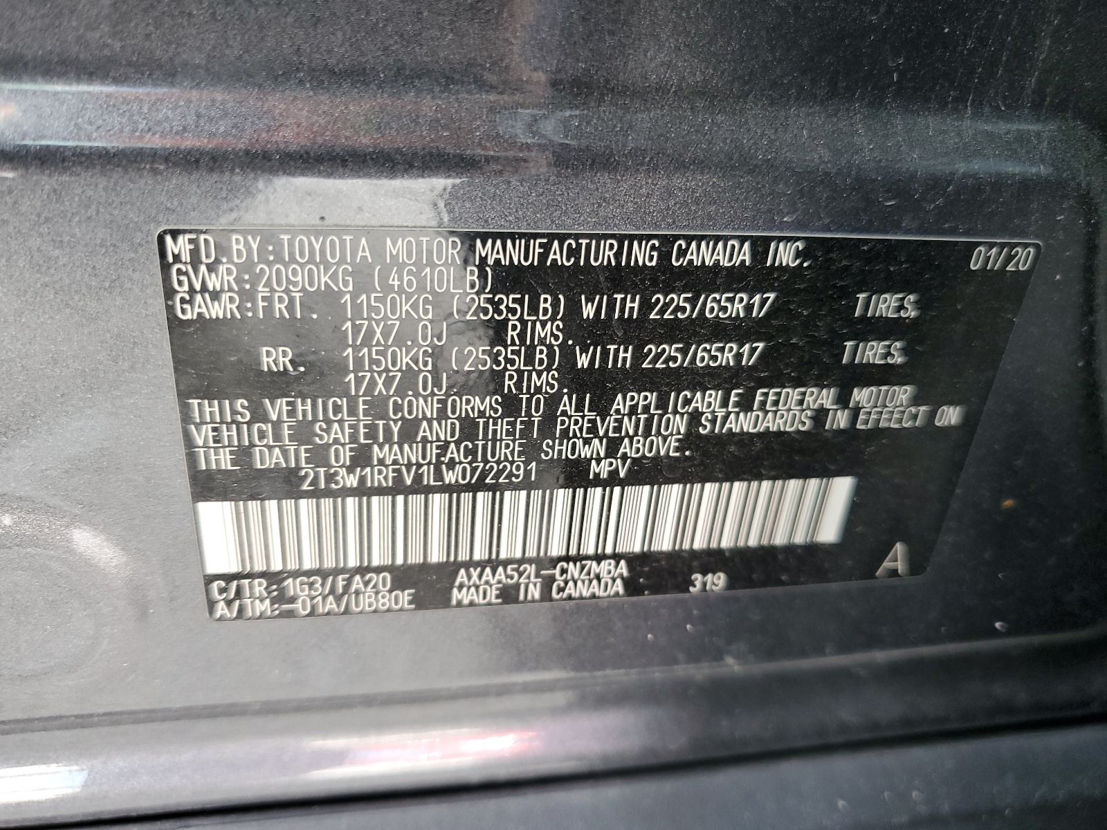 2T3W1RFV1LW072291 2020 Toyota Rav4 Xle