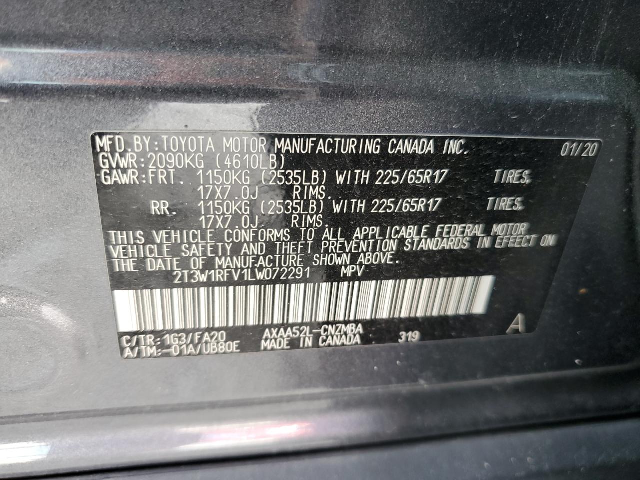 2020 Toyota Rav4 Xle VIN: 2T3W1RFV1LW072291 Lot: 60713574