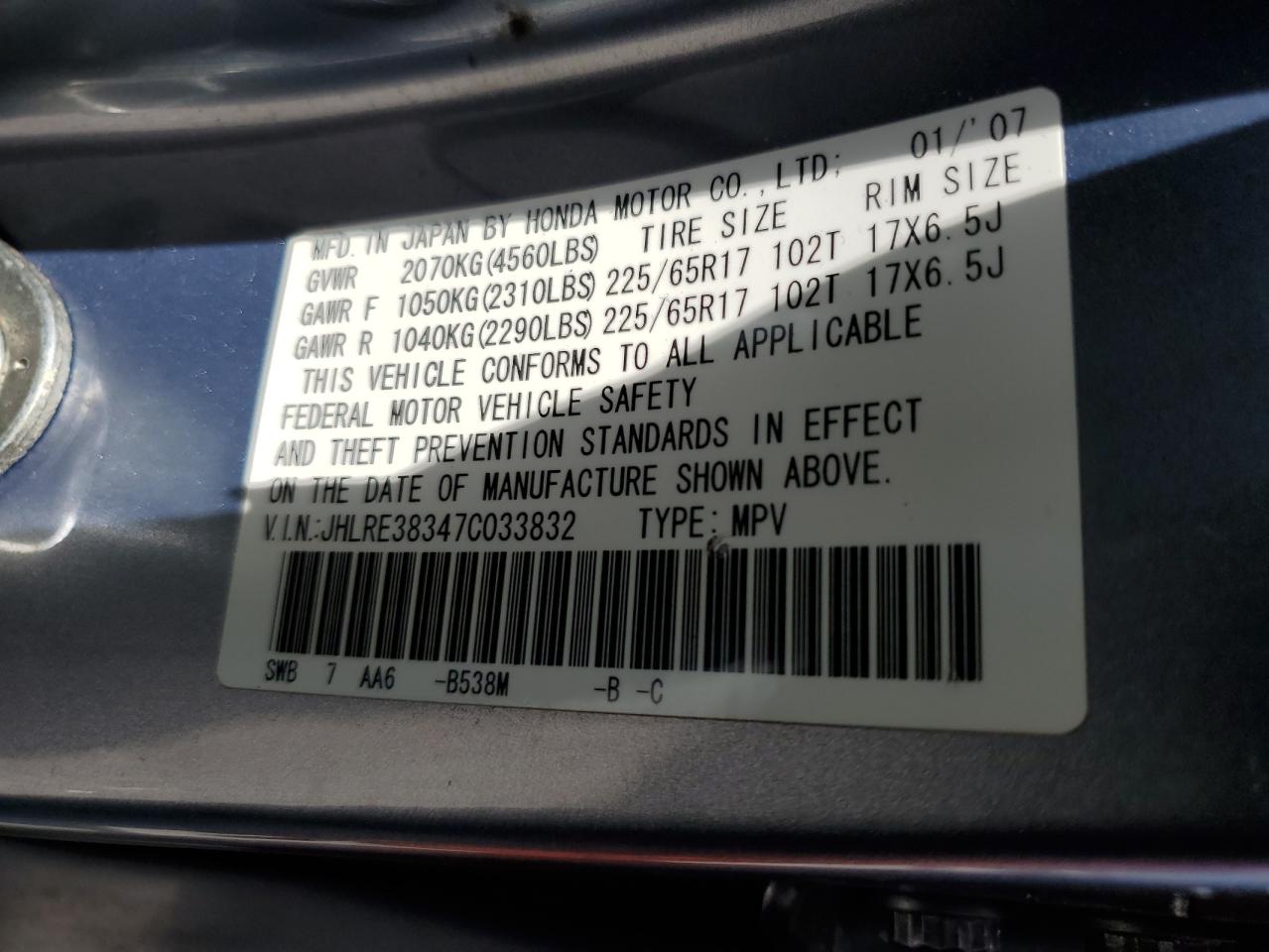 2007 Honda Cr-V Lx VIN: JHLRE38347C033832 Lot: 57721064