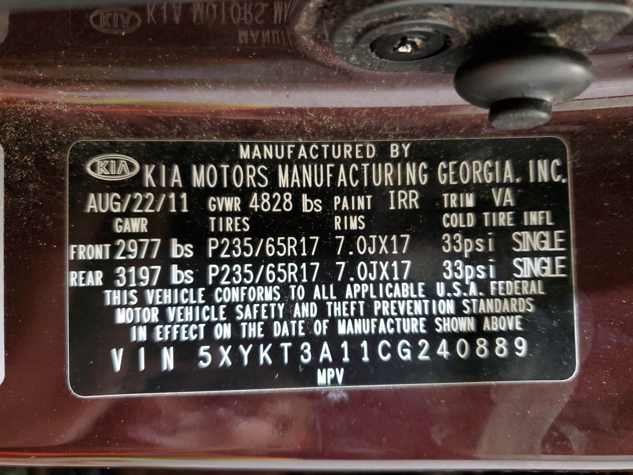 5XYKT3A11CG240889 2012 Kia Sorento Base