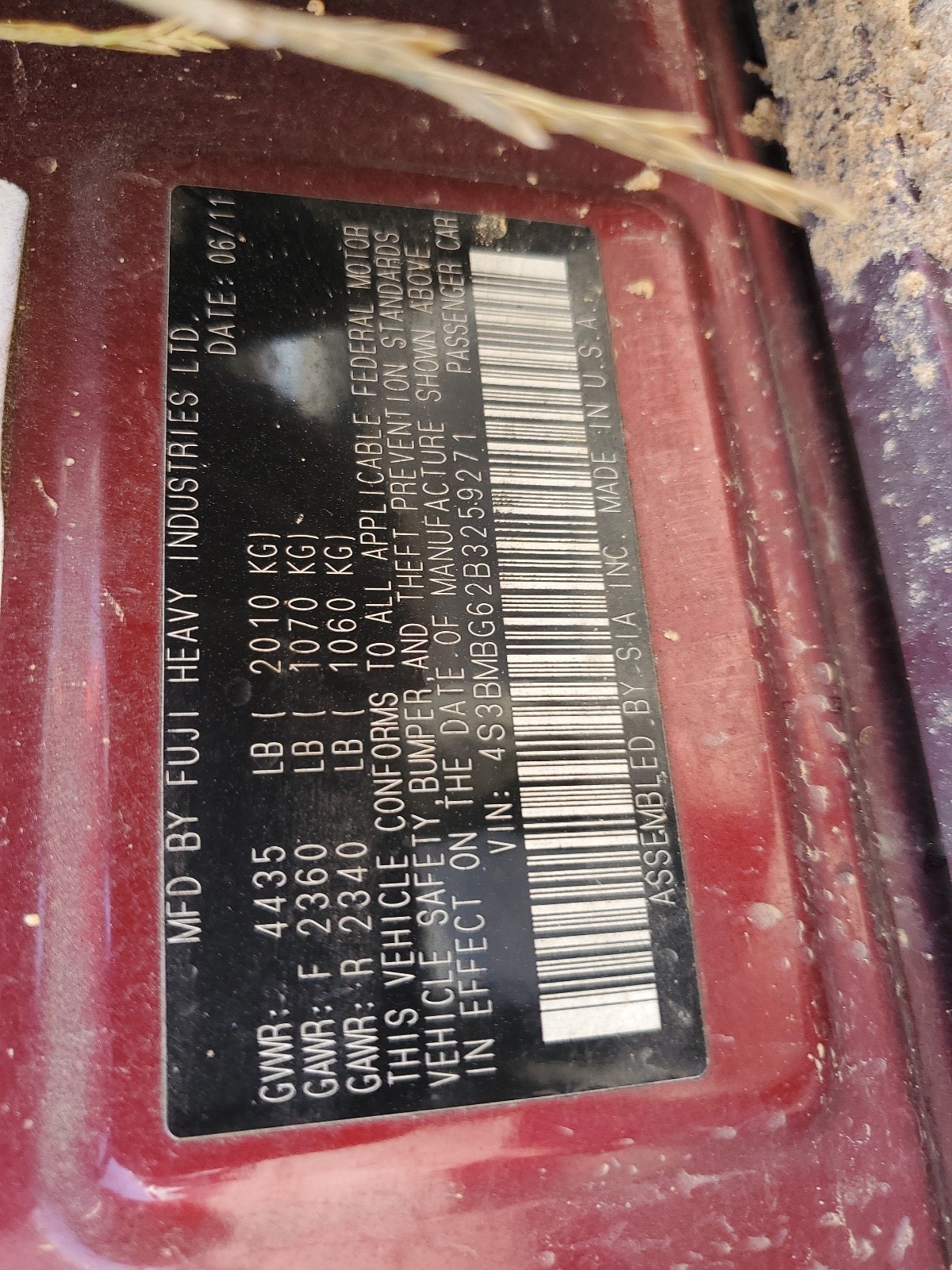 4S3BMBG62B3259271 2011 Subaru Legacy 2.5I Premium