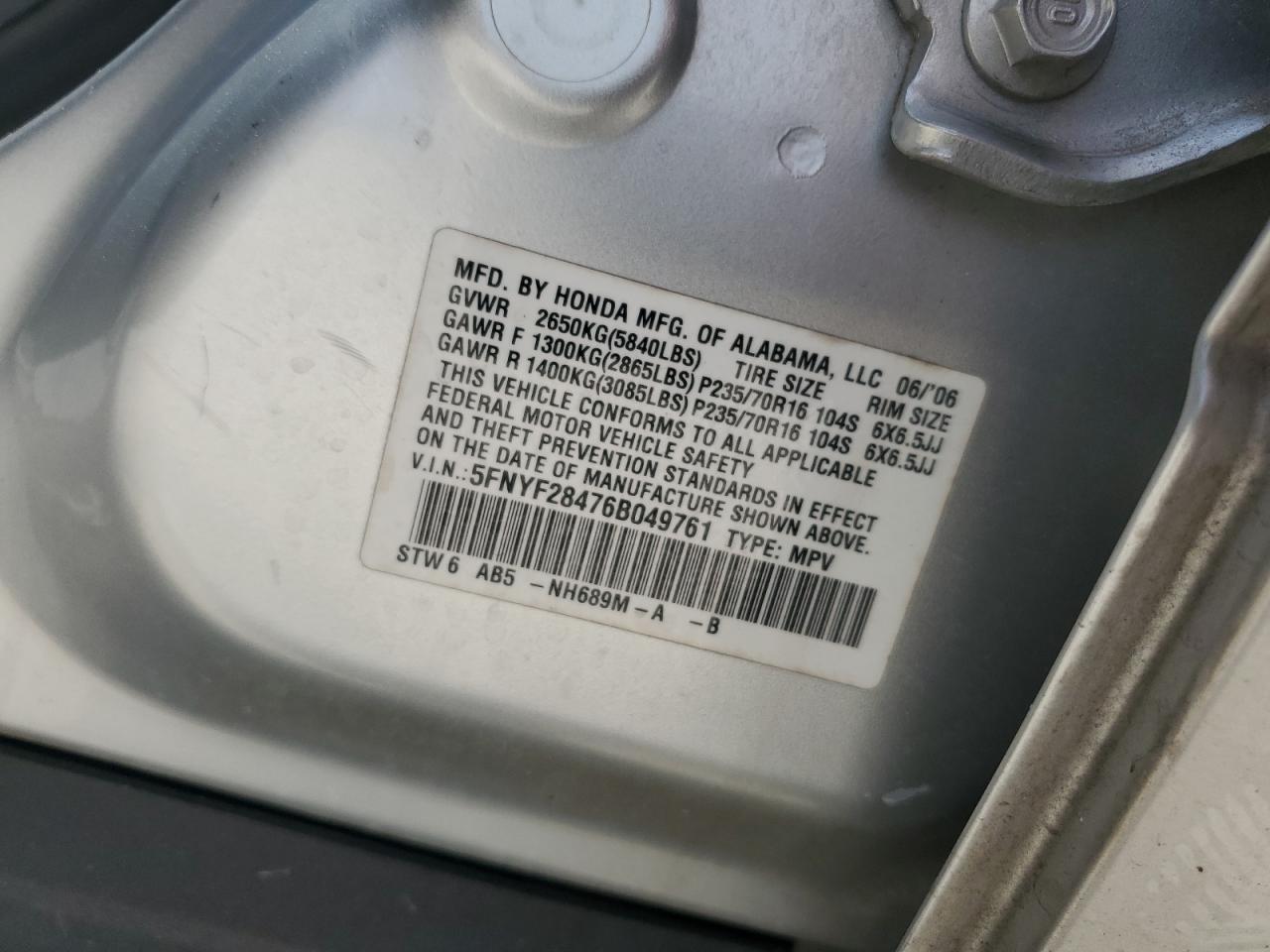 2006 Honda Pilot Ex VIN: 5FNYF28476B049761 Lot: 58452604