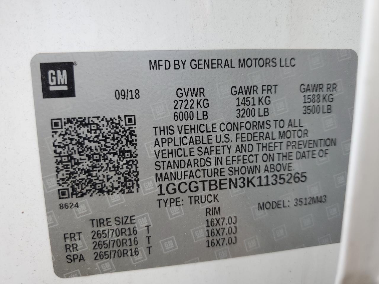 1GCGTBEN3K1135265 2019 Chevrolet Colorado