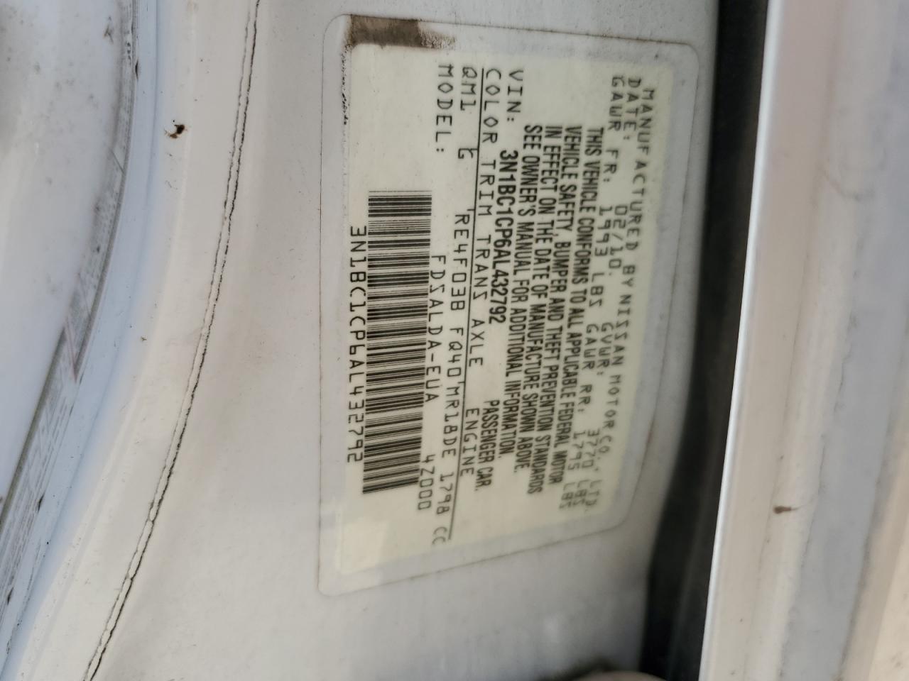 2010 Nissan Versa S VIN: 3N1BC1CP6AL432792 Lot: 59169004