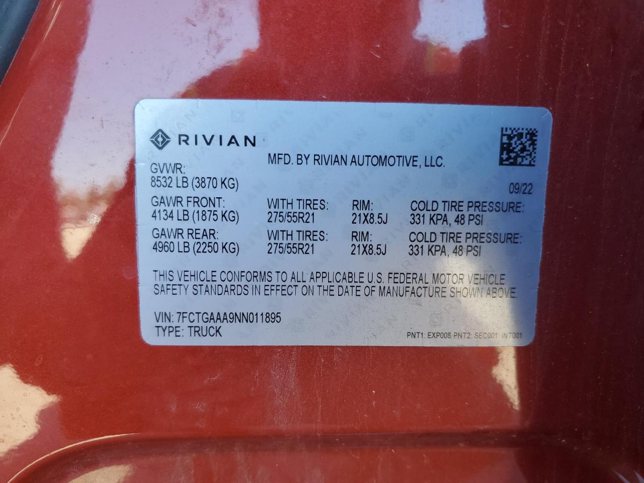 2022 Rivian R1T Adventure VIN: 7FCTGAAA9NN011895 Lot: 58407214