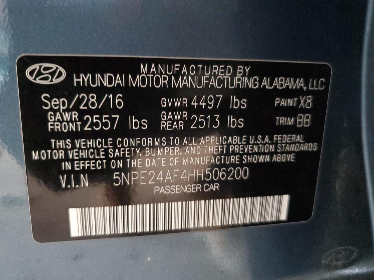 2017 Hyundai Sonata Se VIN: 5NPE24AF4HH506200 Lot: 57806114