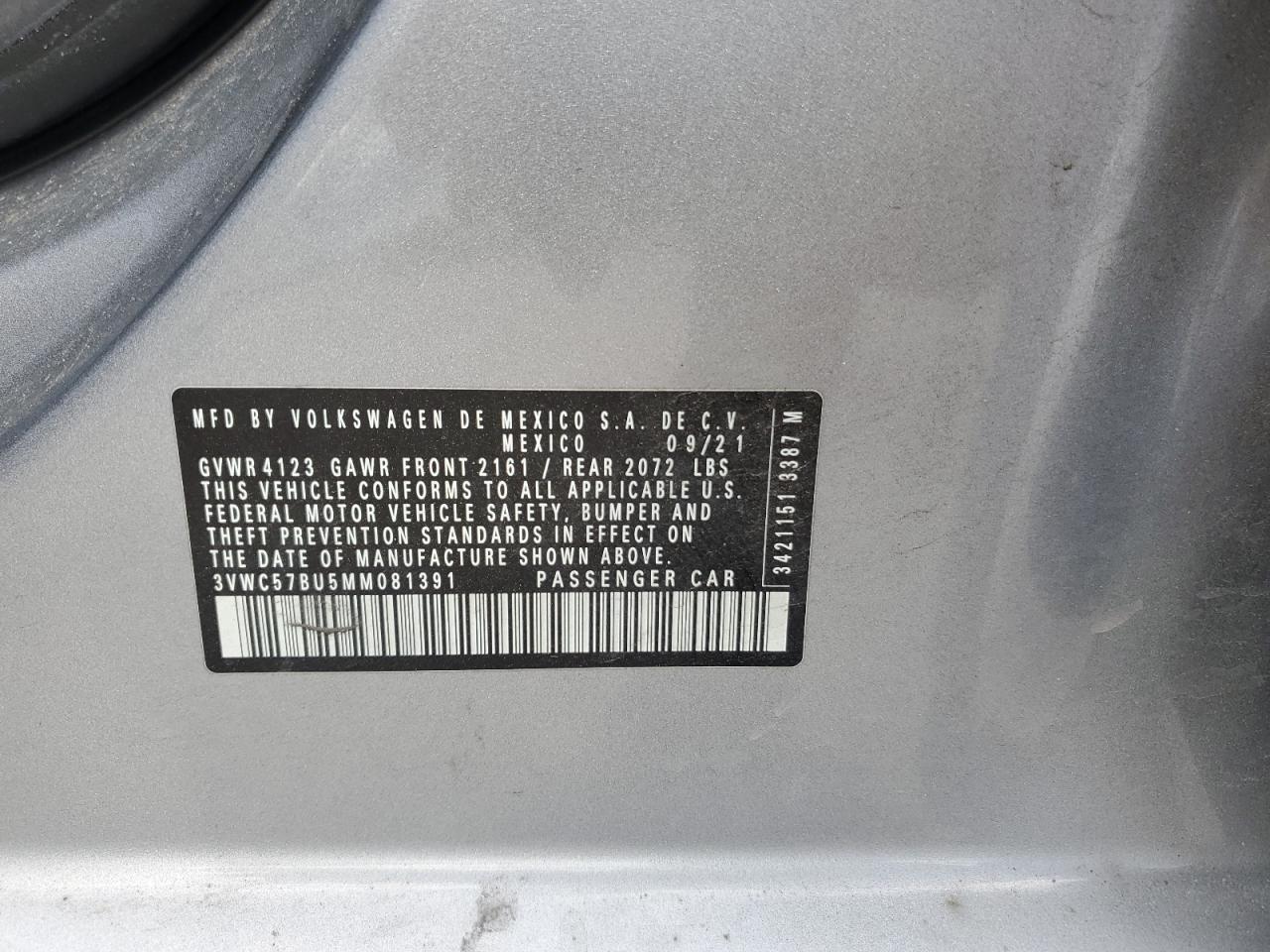 2021 Volkswagen Jetta S VIN: 3VWC57BU5MM081391 Lot: 60747914