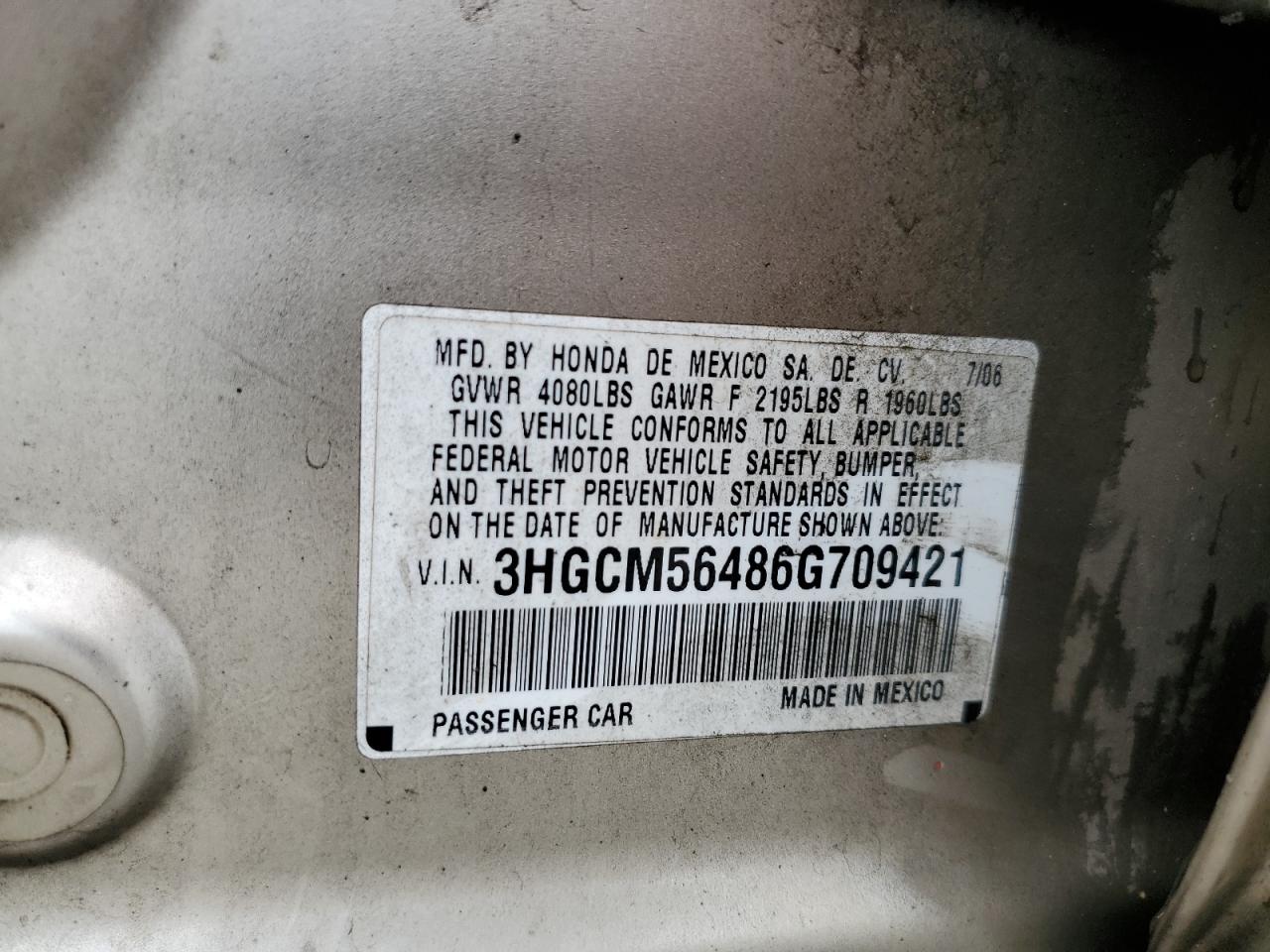 2006 Honda Accord Lx VIN: 3HGCM56486G709421 Lot: 61103464