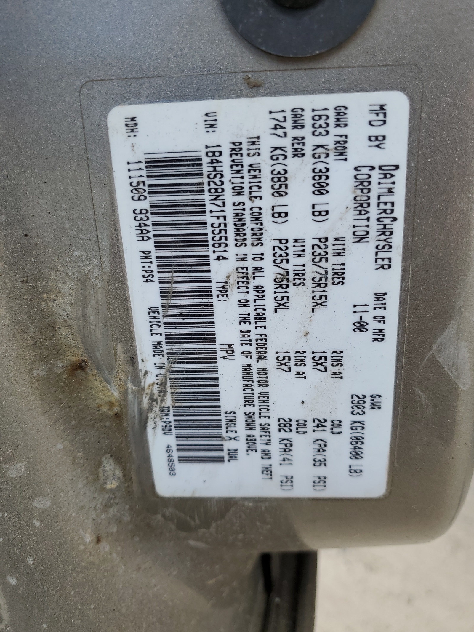 1B4HS28N71F555614 2001 Dodge Durango