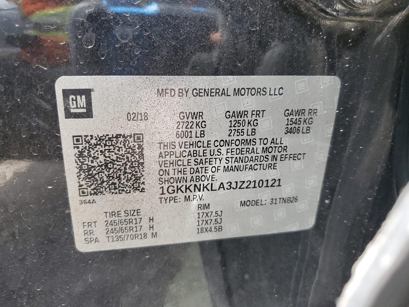 1GKKNKLA3JZ210121 2018 GMC Acadia Sle