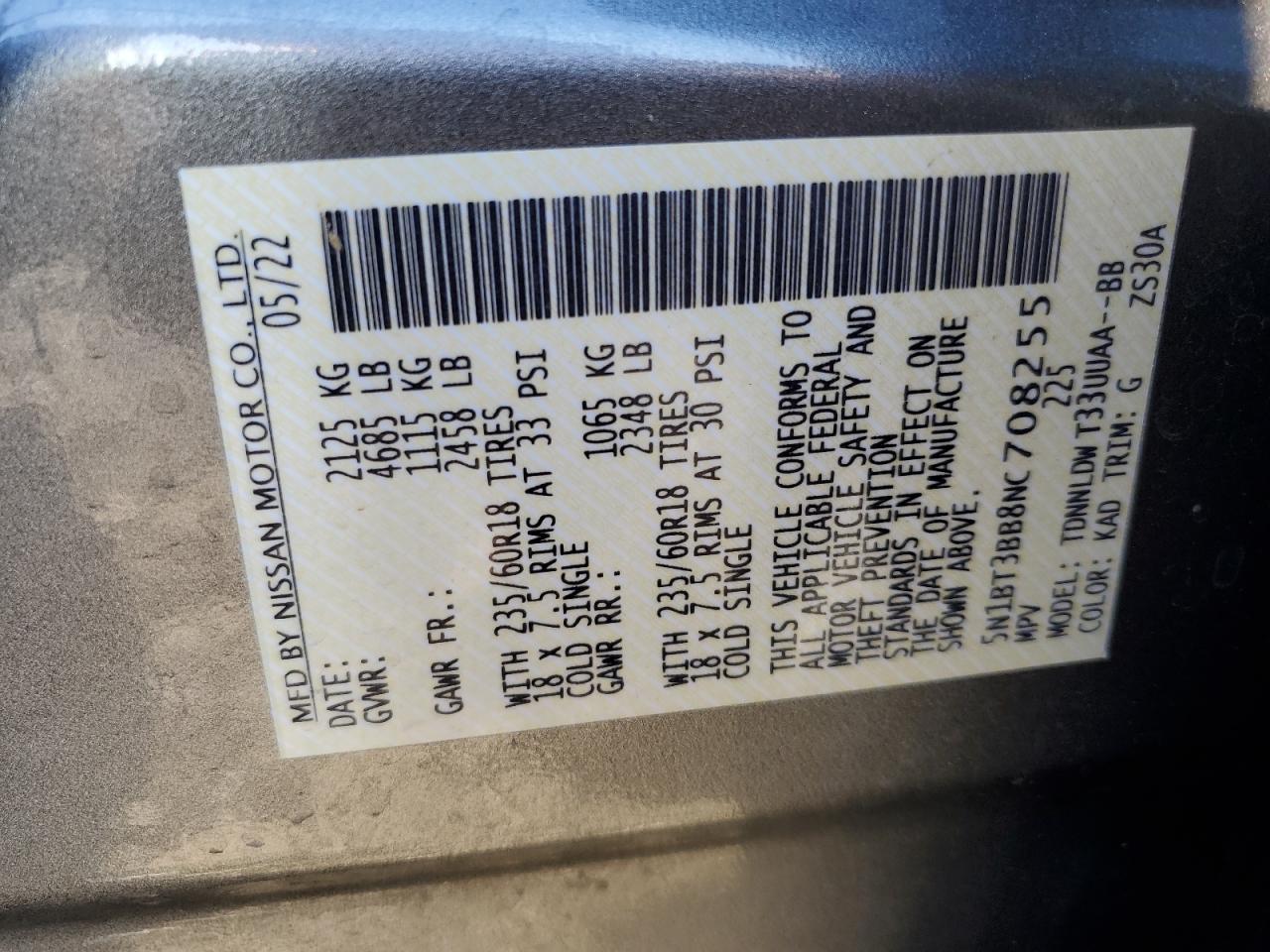 2022 Nissan Rogue Sv VIN: 5N1BT3BB8NC708255 Lot: 58529014