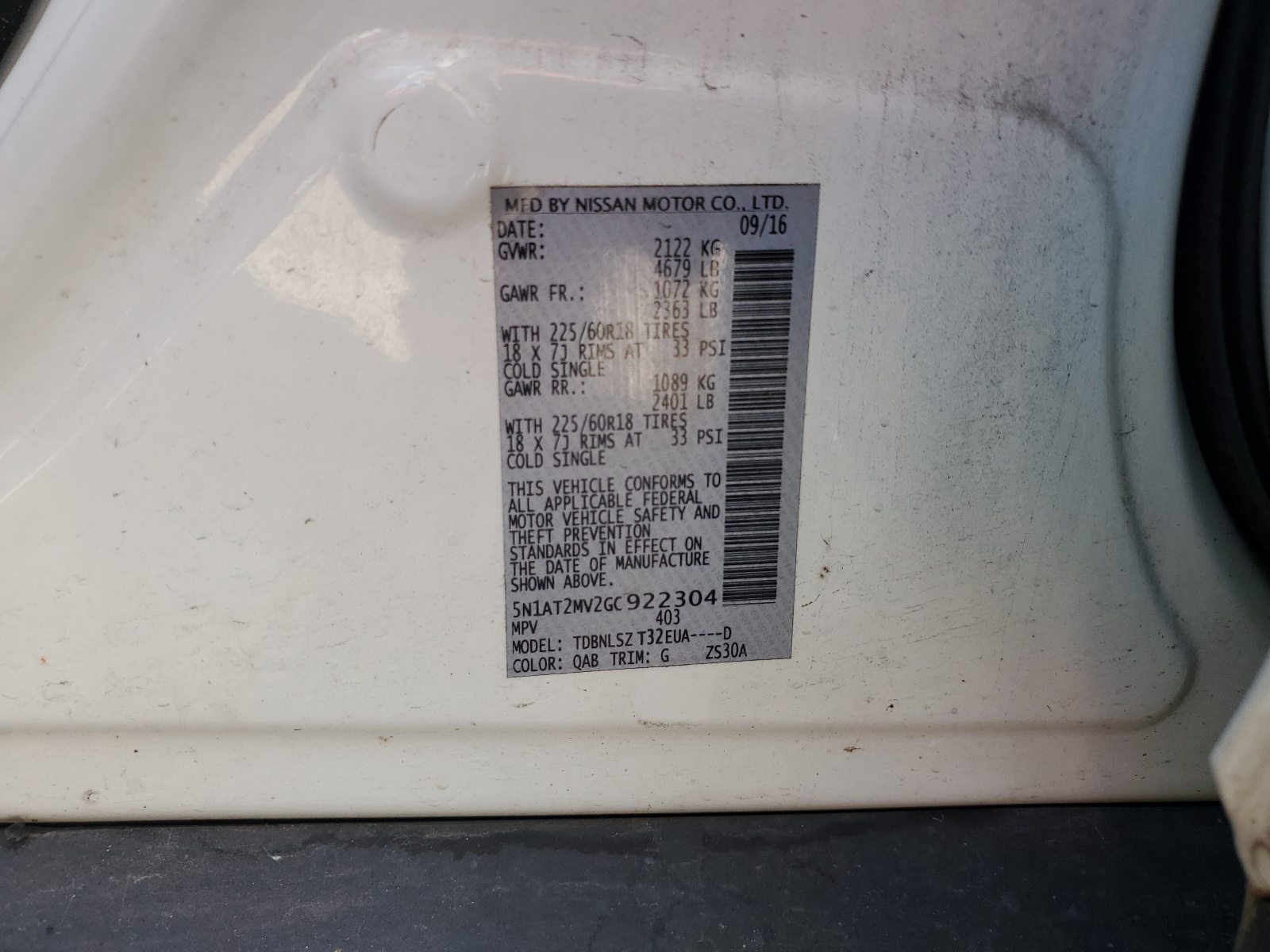 5N1AT2MV2GC922304 2016 Nissan Rogue S