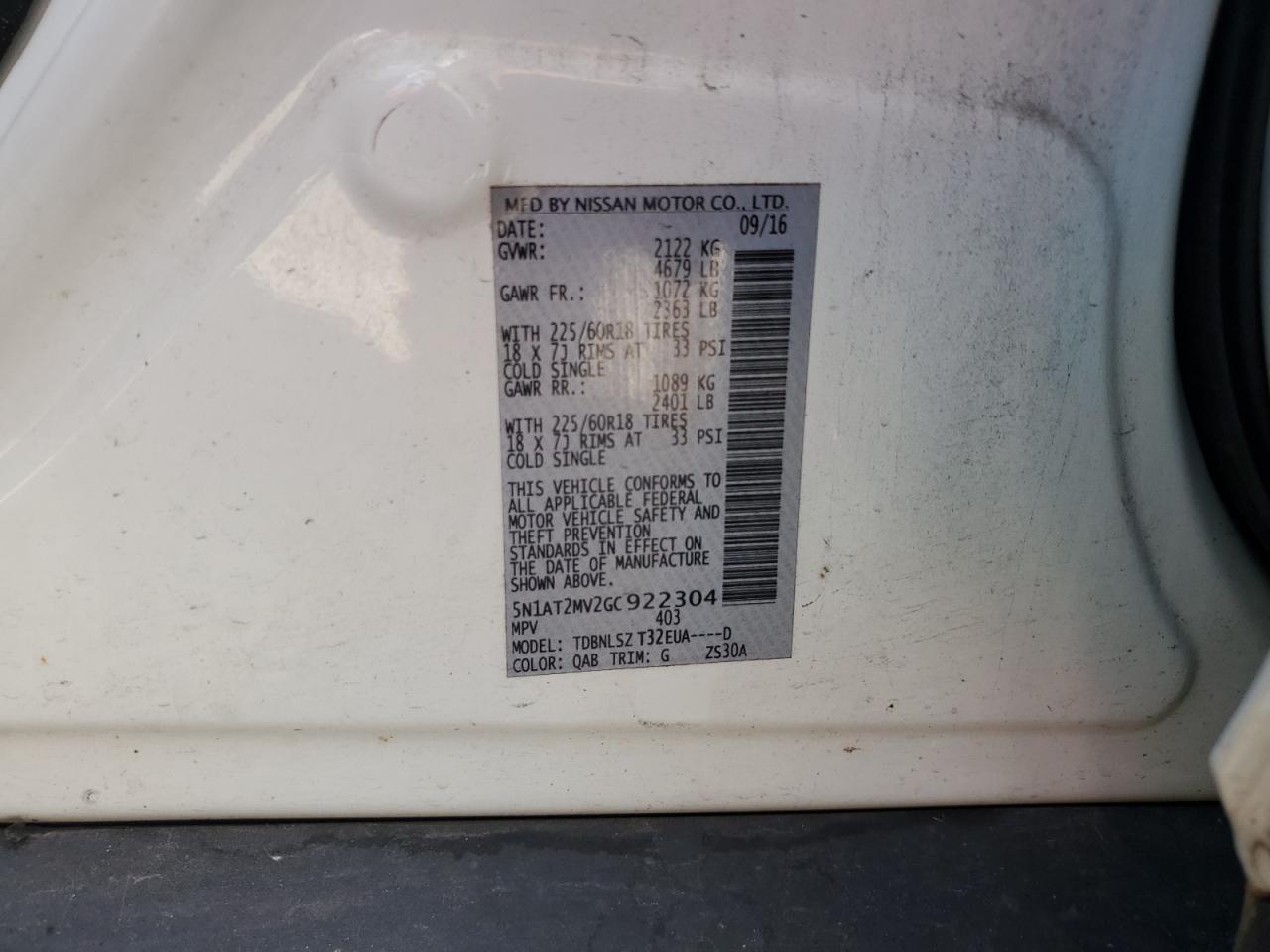 2016 Nissan Rogue S VIN: 5N1AT2MV2GC922304 Lot: 59850314