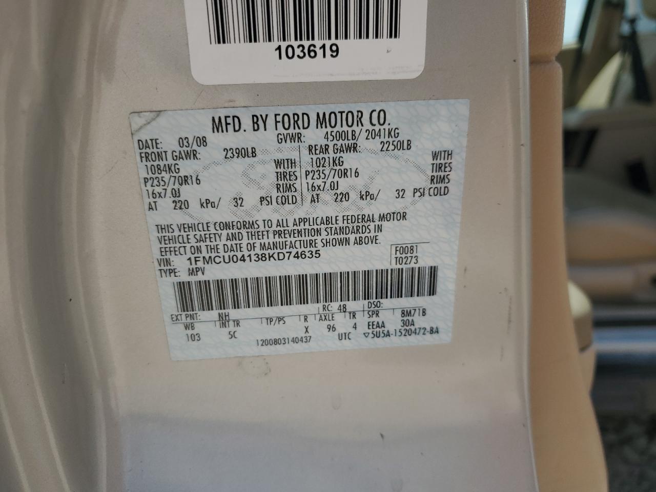 2008 Ford Escape Limited VIN: 1FMCU04138KD74635 Lot: 59161004