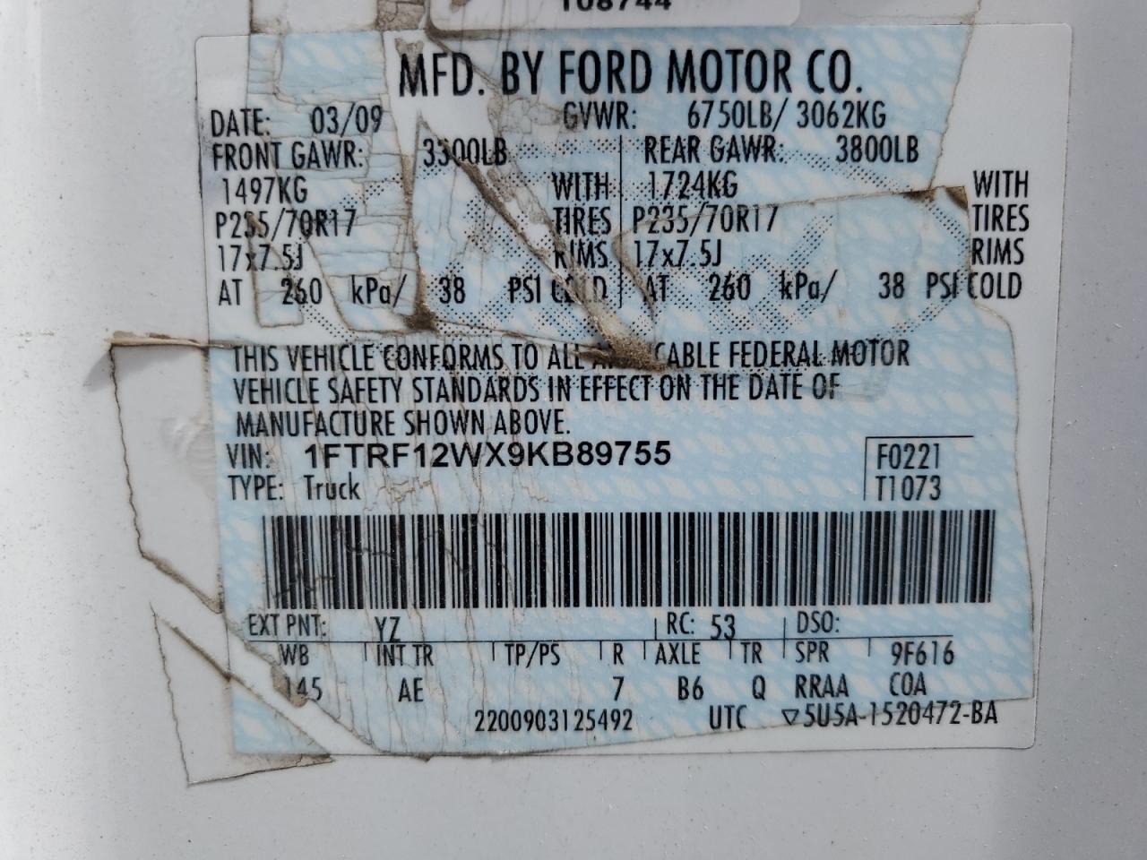 1FTRF12WX9KB89755 2009 Ford F150