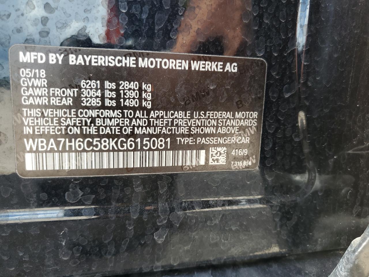 2019 BMW M760 Xi VIN: WBA7H6C58KG615081 Lot: 59361704