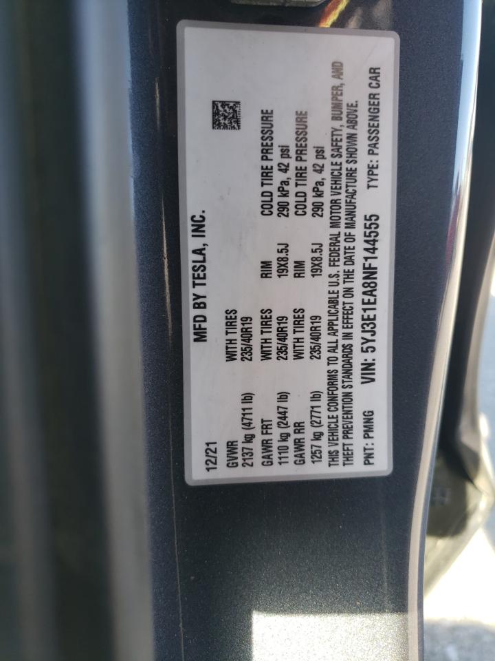 2022 Tesla Model 3 VIN: 5YJ3E1EA8NF144555 Lot: 59360424