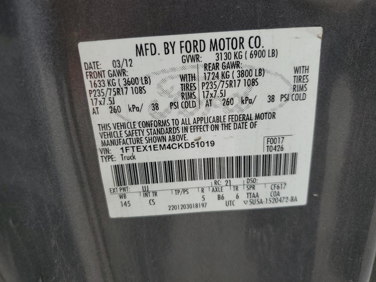 2012 Ford F150 Super Cab VIN: 1FTEX1EM4CKD51019 Lot: 60863354