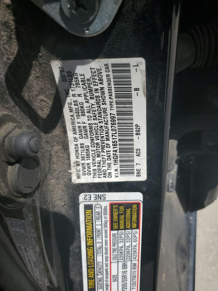 2007 Honda Civic Lx VIN: 1HGFA16517L076997 Lot: 58044404