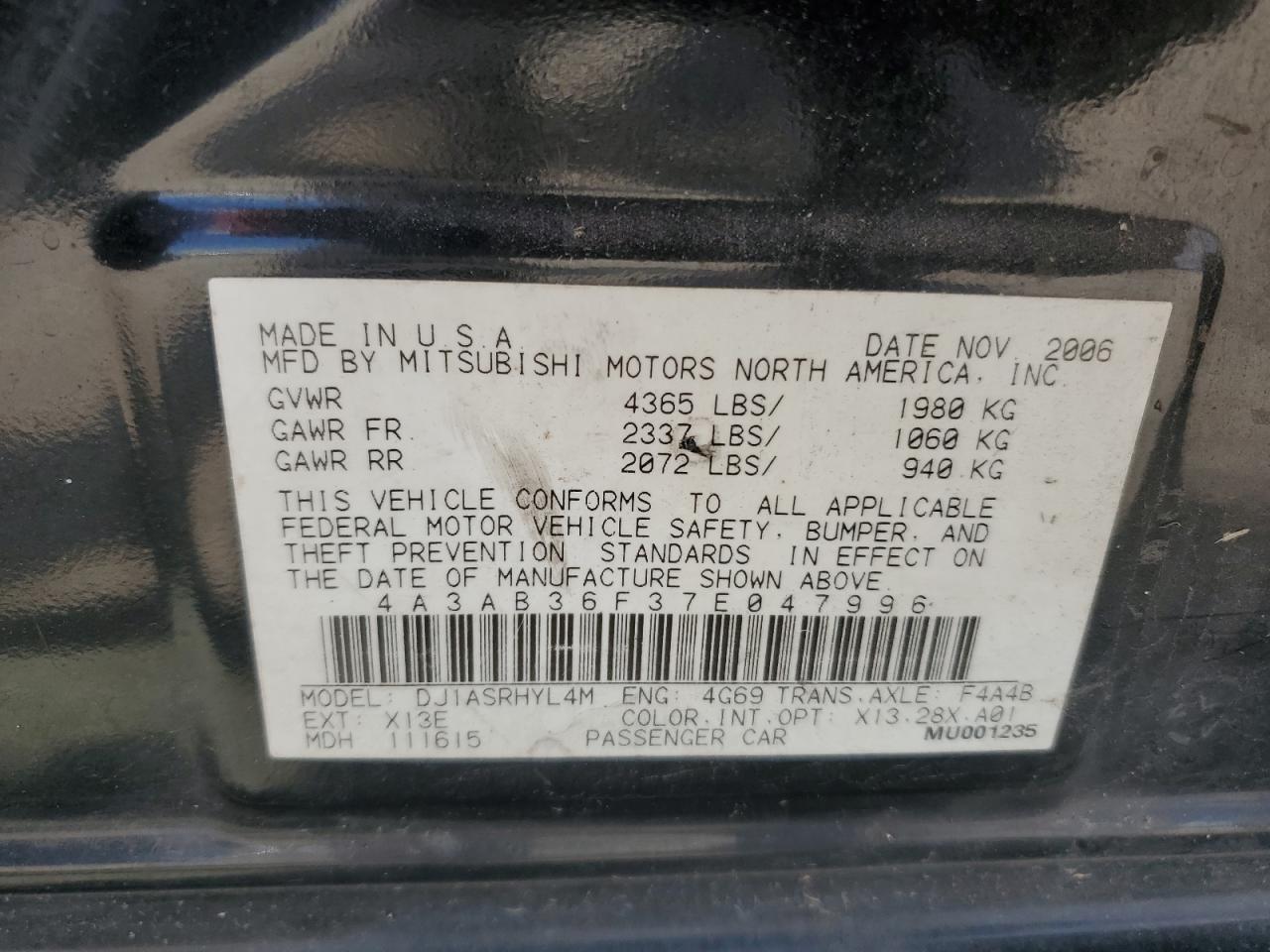 2007 Mitsubishi Galant Es VIN: 4A3AB36F37E047996 Lot: 59643824