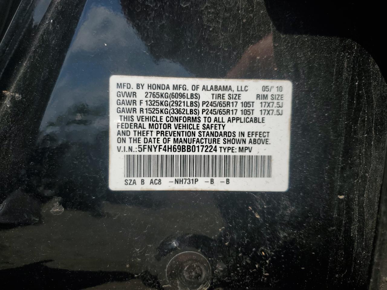 2011 Honda Pilot Exl VIN: 5FNYF4H69BB017224 Lot: 58660494