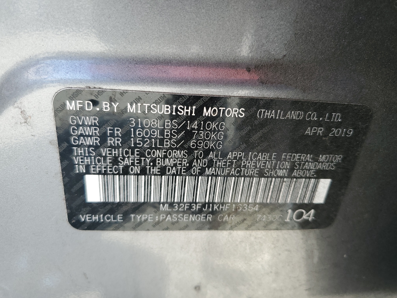 ML32F3FJ1KHF16354 2019 Mitsubishi Mirage G4 Es