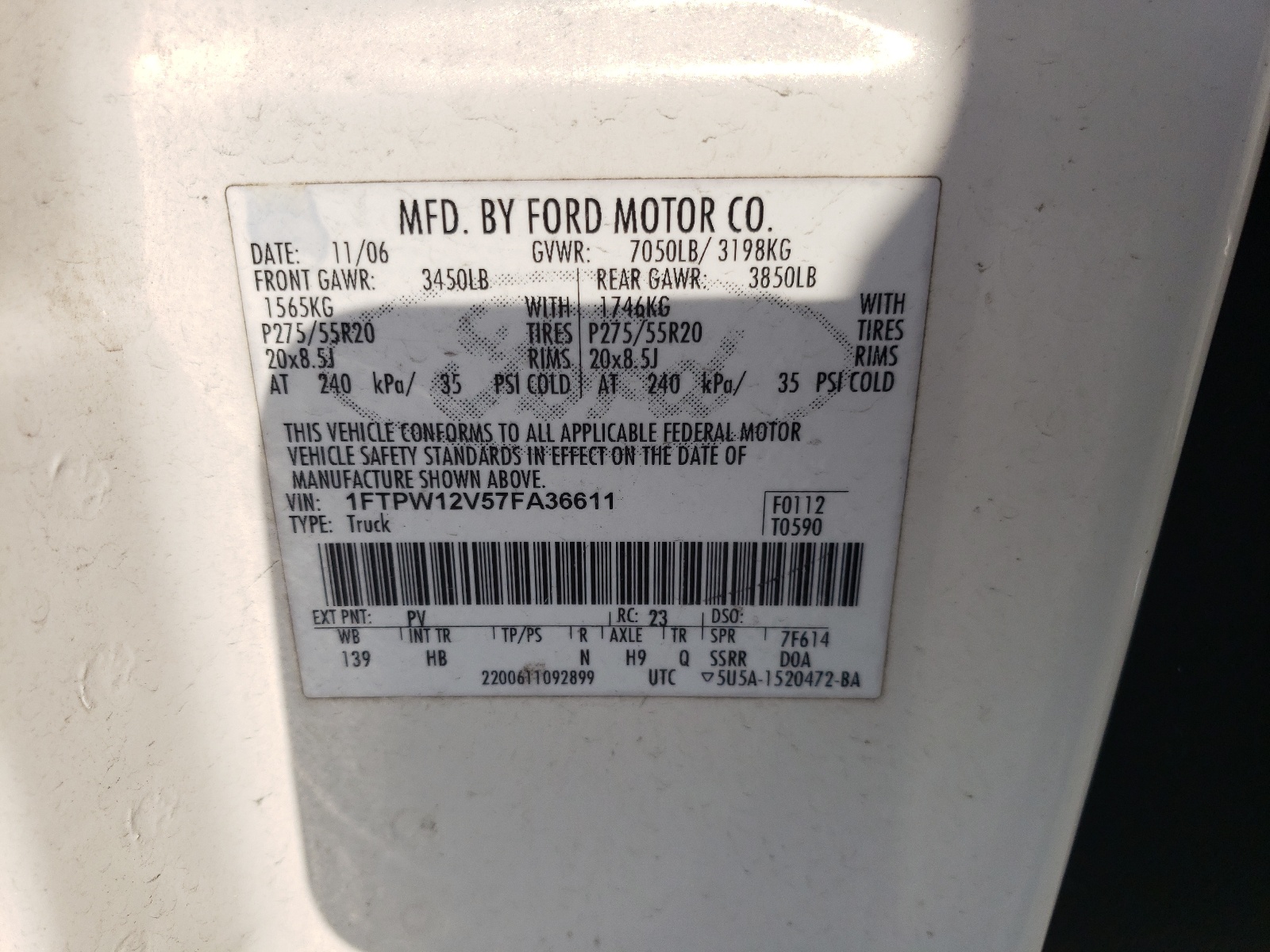 1FTPW12V57FA36611 2007 Ford F150 Supercrew