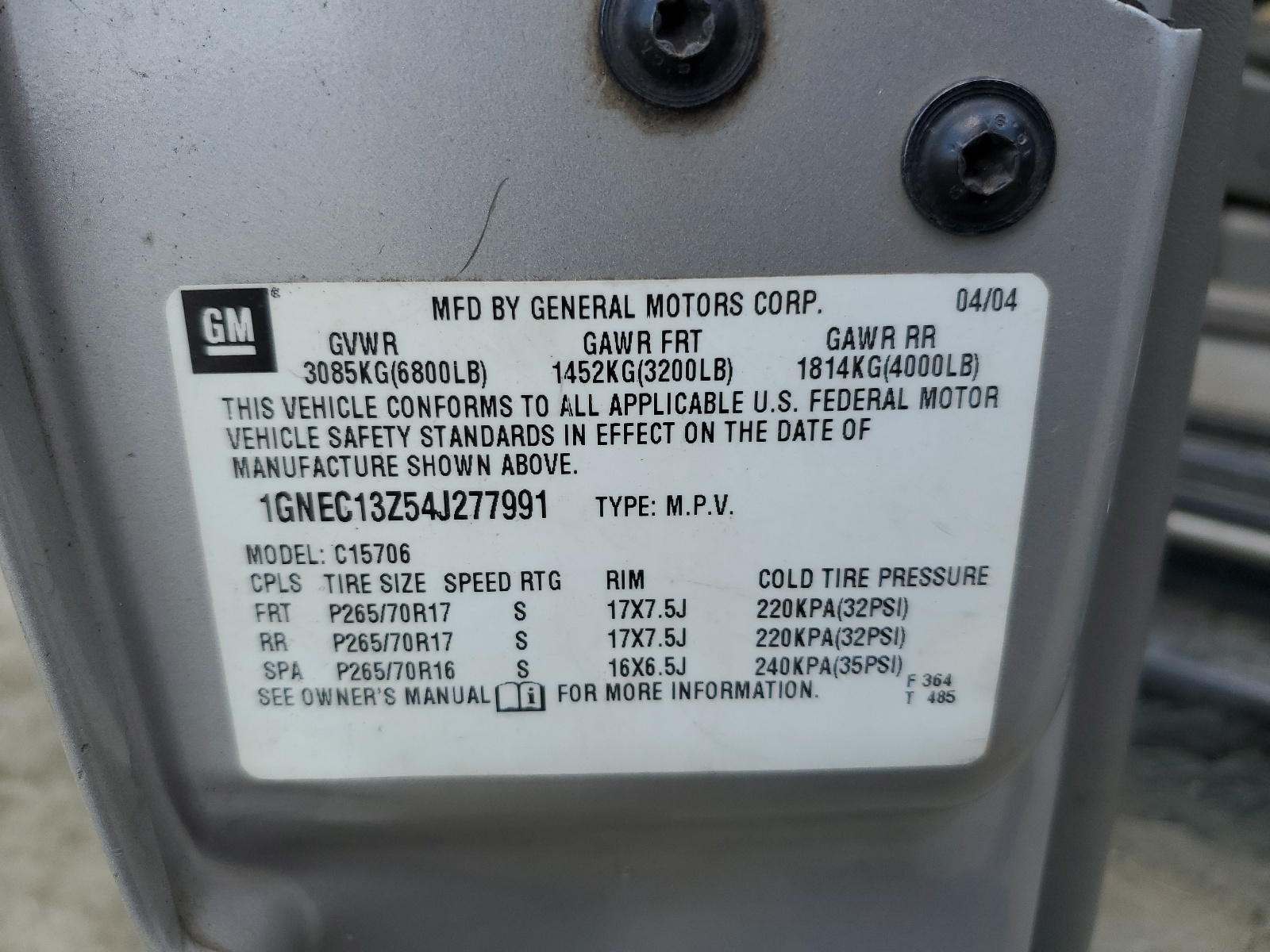 1GNEC13Z54J277991 2004 Chevrolet Tahoe C1500